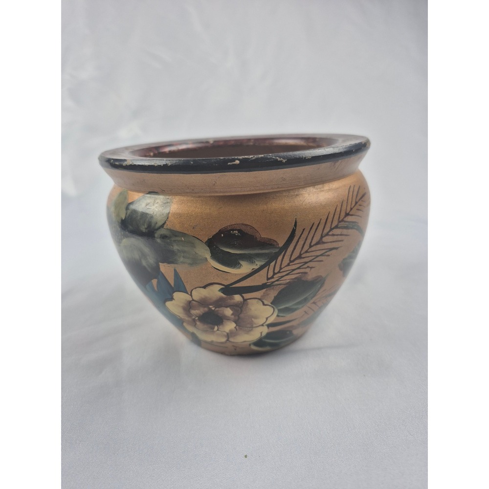 Vintage Hand Painted Floral Cachepot Planter Gold Black Pot Made in China 5.5"